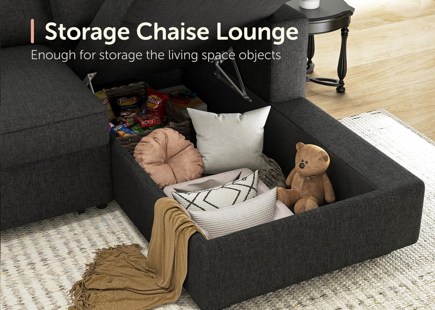 HONBAY Sectional Sleeper Sofa with Pull-Out Bed Storage Chaise, 6 Seater Couch for Living Room, Dark Grey