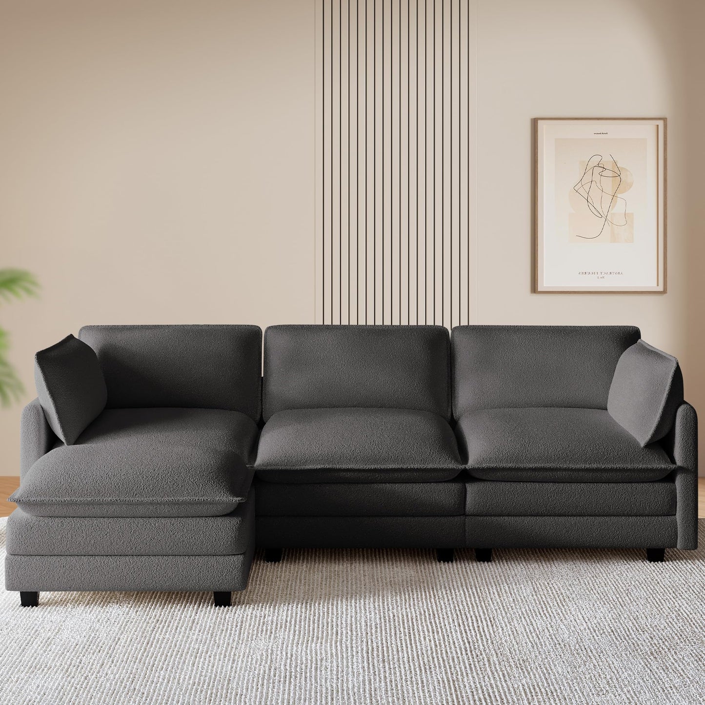 ROWHY 112'' Sectional Cloud Couch with Movable Ottoman, 4 Seat Modern Chenille Modular Sofa with 2 Throw Pillows, Deep Seat L Shaped Couch for Living Room Bedroom Apartment, Dark Grey