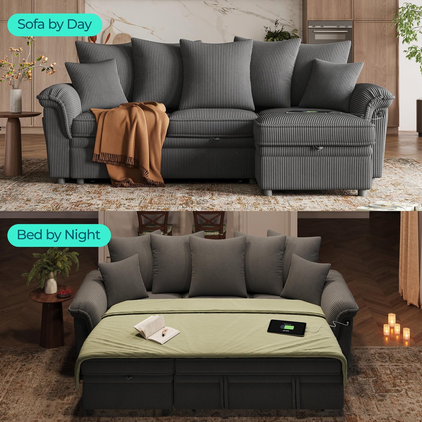 LINSY HOME 90.5'' Sectional Sleeper Sofa with Pull Out Couch Bed Modular (Gray, 90.5'')