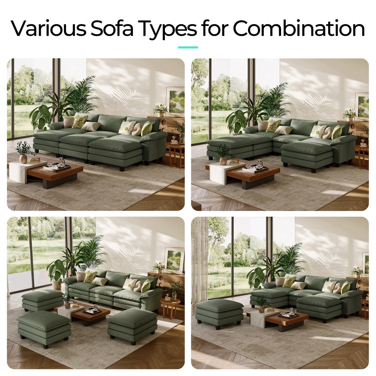 LINSY HOME Modular Sectional Sofa - 123 Inch Oversized Corduroy Cloud Couch with Movable Ottoman Soft Modern Comfy Sofa Set for Living Room Apartment Office, Green