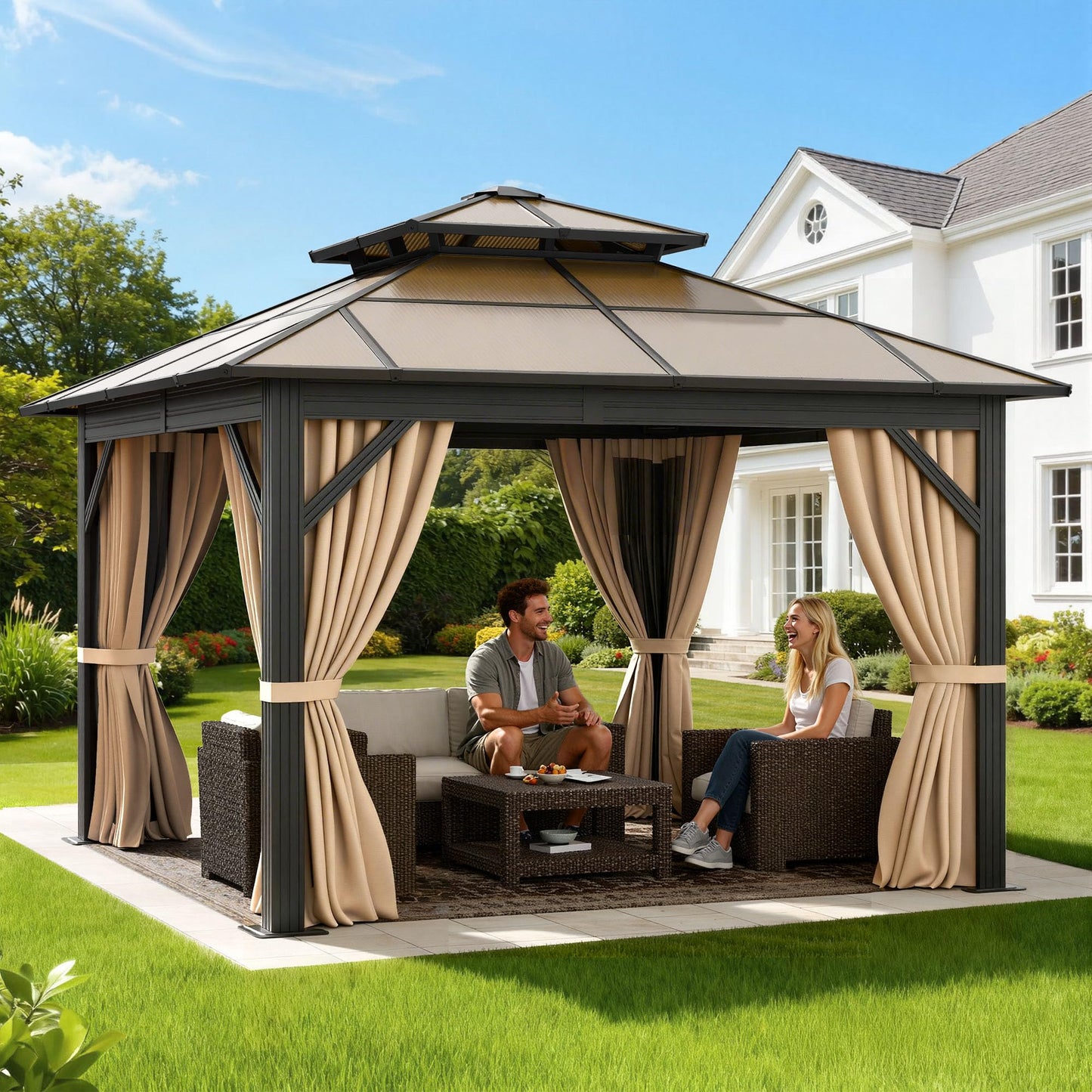 DWVO 10x10ft Gazebo Hardtop Double Roof Polycarbonate Canopy Outdoor with Netting and Shaded Curtains, Metal Frame Garden Tent for Patio, Backyard, Deck and Lawns, Brown