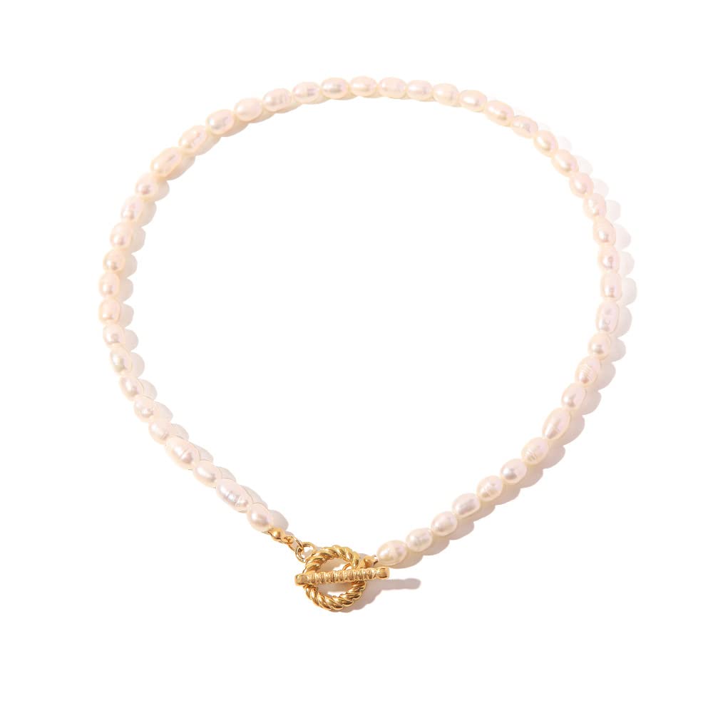 18K Gold Pearl Clavicle Necklace, OT Buckle Freshwater Pearl Beaded Necklace, Beautiful Women's Day, Birthday Gift for Wife,Girlfriend (style two, 18K)