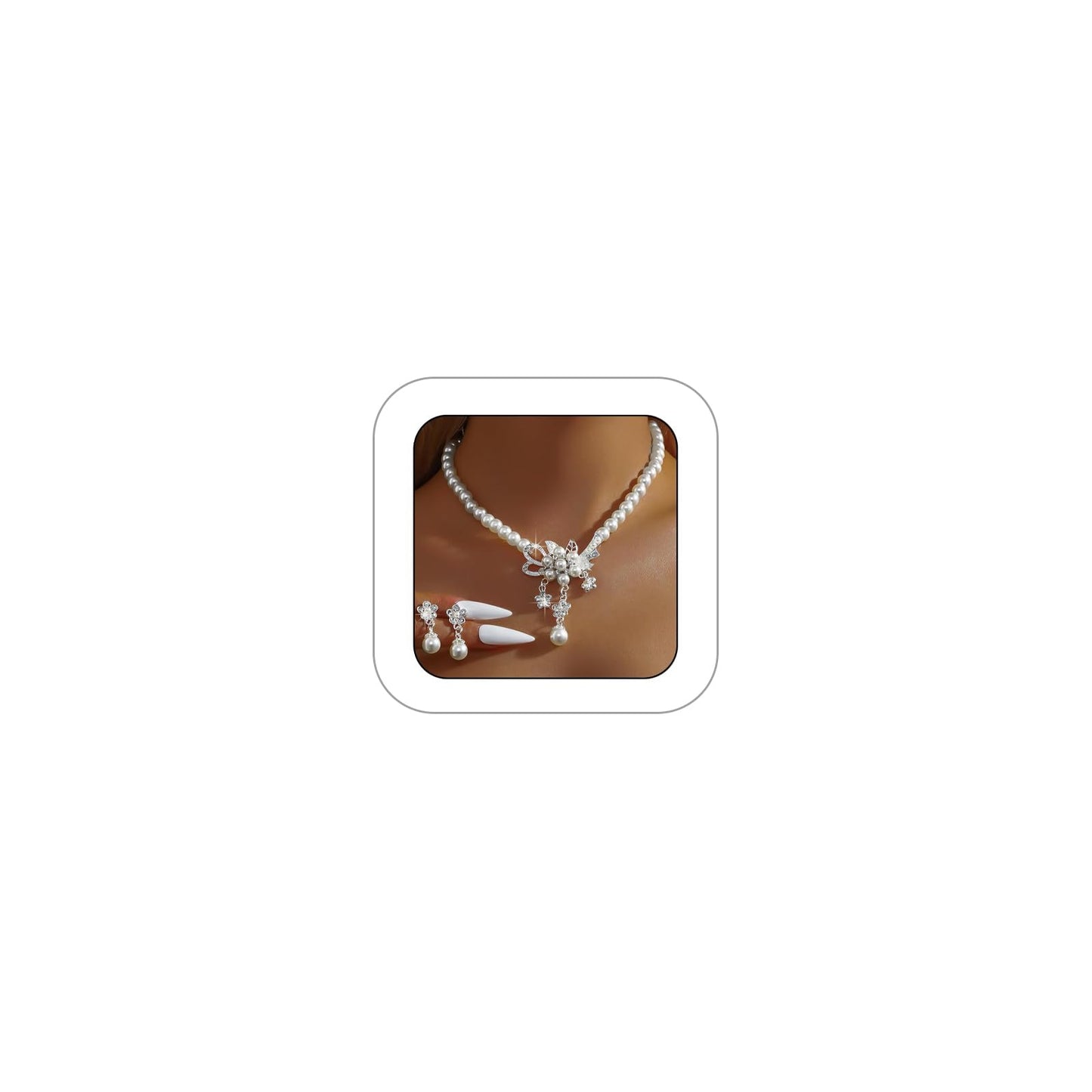 Meztole Pearl Necklace and Earring Set for Women,Pearl Jewelry Set Fake Pearls Necklace Imitation Beaded Collar de Perlas Para Mujer Necklaces for Prom Bridesmaid Costume Accessories C-Silver Flower