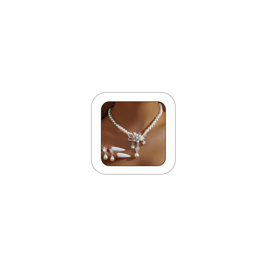 Meztole Pearl Necklace and Earring Set for Women,Pearl Jewelry Set Fake Pearls Necklace Imitation Beaded Collar de Perlas Para Mujer Necklaces for Prom Bridesmaid Costume Accessories C-Silver Flower