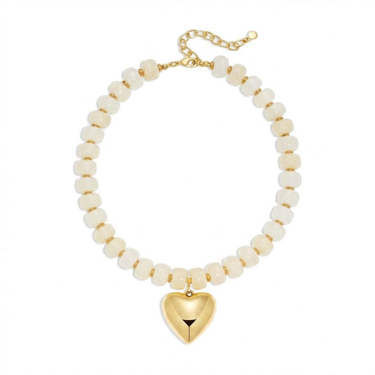Frigotine Cream White Chunky Heart Necklace for Women, Elegant Resin Beaded Choker with Gold Puffy Heart, Adjustable Vintage Boho Statement Jewelry Gift