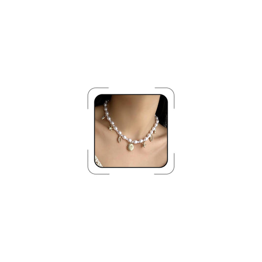 Pearl Gold Starfish Seashell Necklace for Women Boho Mermaid Pearl Beaded Necklace Trendy Gold Starfish Shell Charms Necklaces Summer Beach Vacation Jewelry Accessories (B)