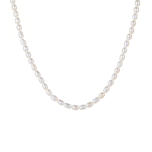 JaruJaru 4mm Handmade Rice Pearl Necklace for Women, Small Oval Freshwater Pearl Strand, Essential Minimalist Jewelry, 16-18 Inch Adjustable