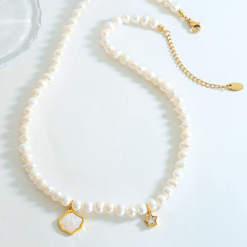 18K Gold Beaded Pearl Choker Necklace for Women,Freshwater Cultured Pearl Shell Shape Pendant Necklaces,Fashion Jewelry Gift for Her (Style 3, 18K Gold)