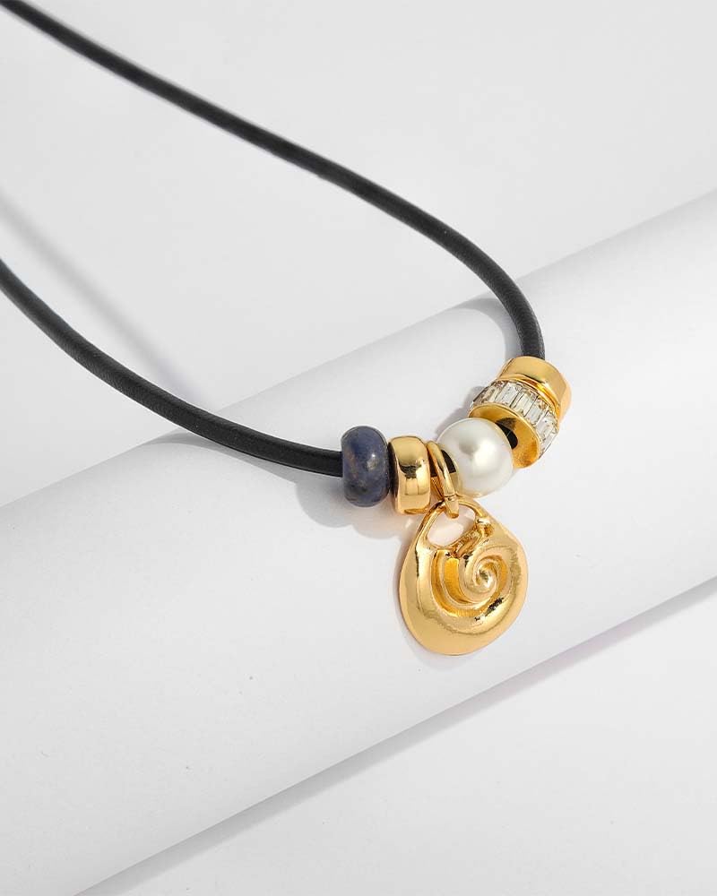 MYCUTEY Conch Shell Pendant Necklace for Women Boho Statement Spiral Necklace Adjustable Black Cord with Gold Spiral Shell Charm & Pearl Accents Trendy Summer Beach Jewelry Gifts