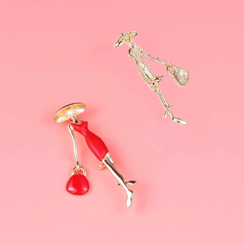 Fashion Lady in Red Brooch Pin for Women Girls Cute Enamel Brooches Lapel Pins Hat Bag Dress Accessories Holiday Party Jewelry Gift