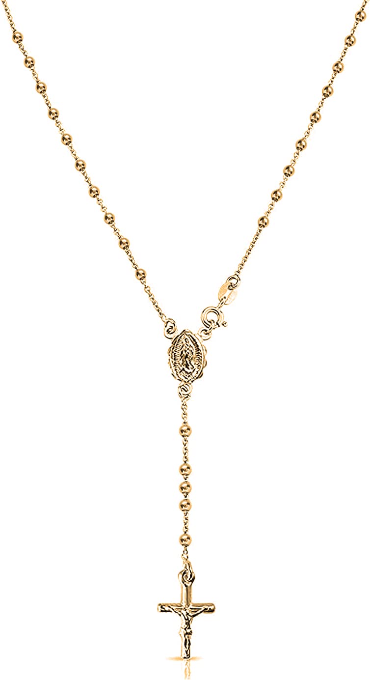 Savlano 925 Sterling Silver Italian Solid Bead Chain Cross & Rosary Virgin Mary Pendant -18K Gold Plated Y Necklace Comes With Gift Box for Women - Made in Italy (16, 3mm)