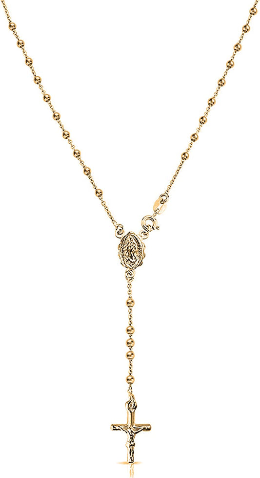 Savlano 925 Sterling Silver Italian Solid Bead Chain Cross & Rosary Virgin Mary Pendant -18K Gold Plated Y Necklace Comes With Gift Box for Women - Made in Italy (16, 3mm)