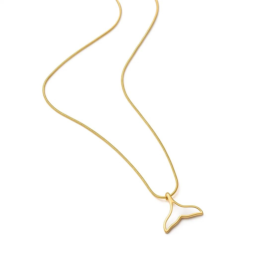 Mermaid Tail Choker Necklace for Women, 14K Gold Plated Mother-of-Pearl Pendant on Adjustable Stainless Steel Snake Chain, Dainty Ocean-Inspired Jewelry Gift