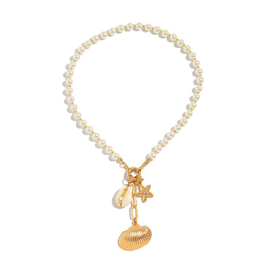 Ocean Starfish Seashell Pearl Beaded Charm Pendant Necklace for Women Vintage Boho Statement Choker Style Gold White Colors (Gold)