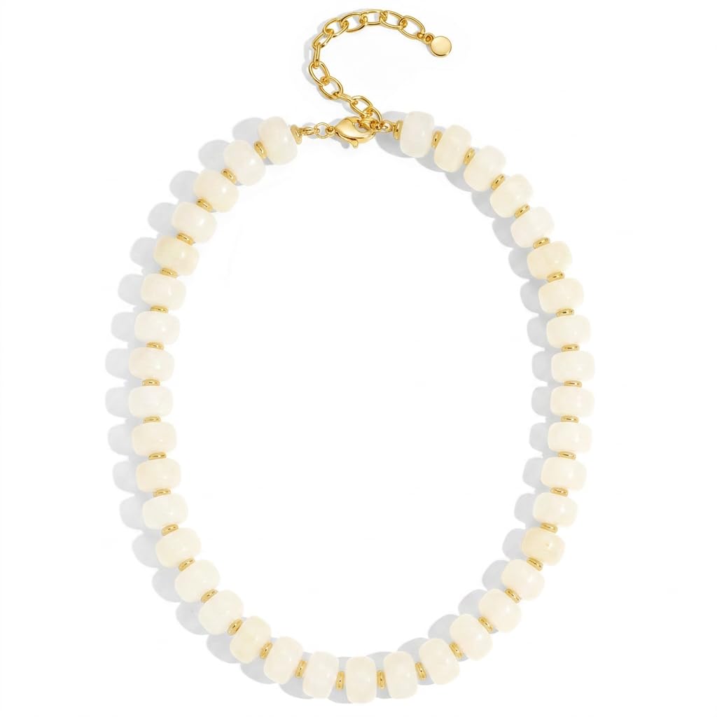 FAUTHENTICUTE White Resin Beaded Necklace for Women Boho Statement Necklaces Trendy Summer Beach Jewelry Western Style White Bead Necklace Everyday Layered Choker Necklaces for Women