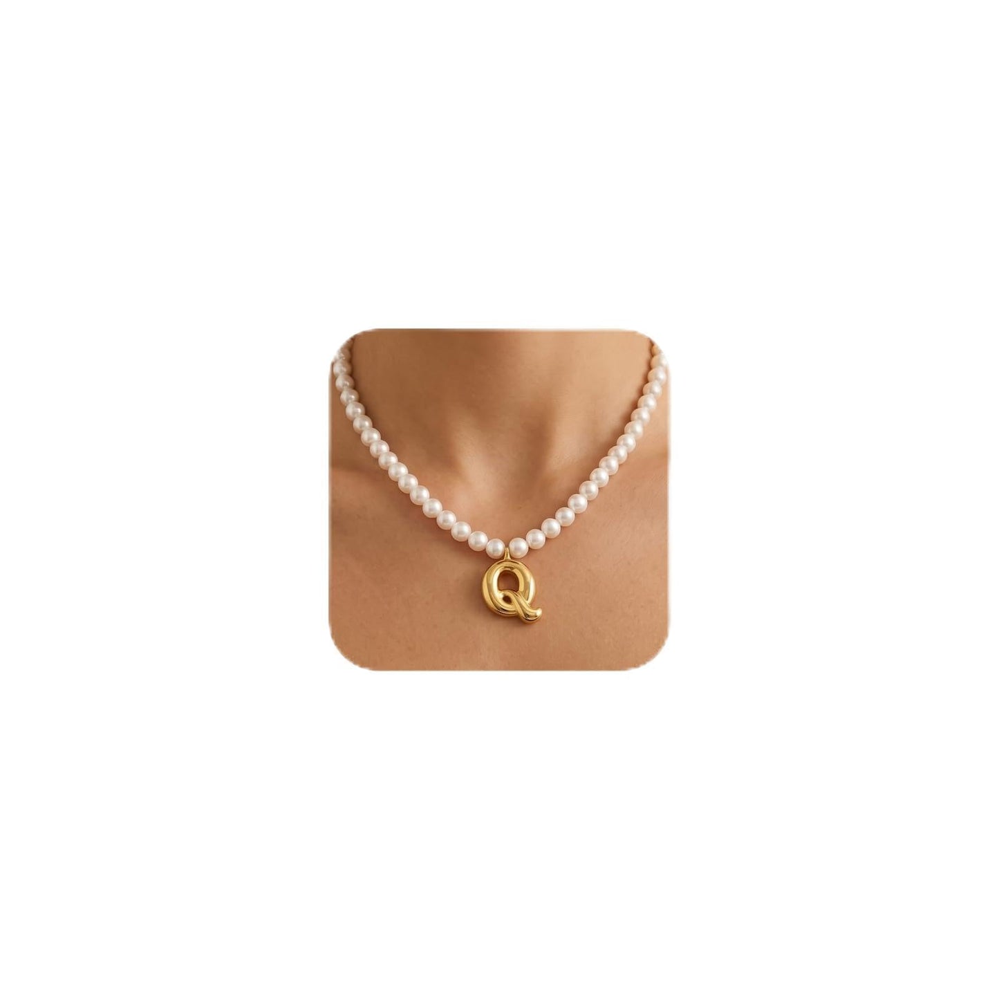 DoDoBeads Pearl Initial Necklace, 18K Gold Plated Stainless Steel Balloon Letter Pendant Q, Non-Tarnish Waterproof Chunky Monogram Jewelry Gifts for Women Teens