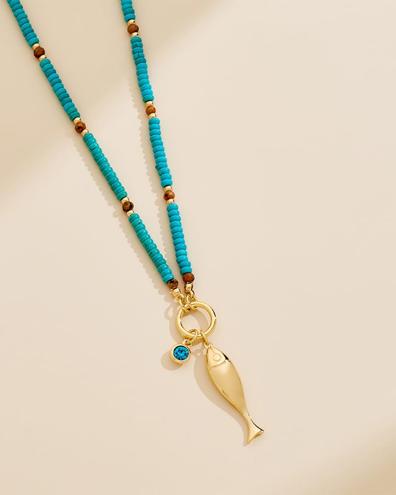 MYCUTEY Cute Fish Necklace For Women Blue Beaded Strand With a Gold Fish Pendant Adjustable Beaded Necklace Summer Beach Turquoise Jewelry
