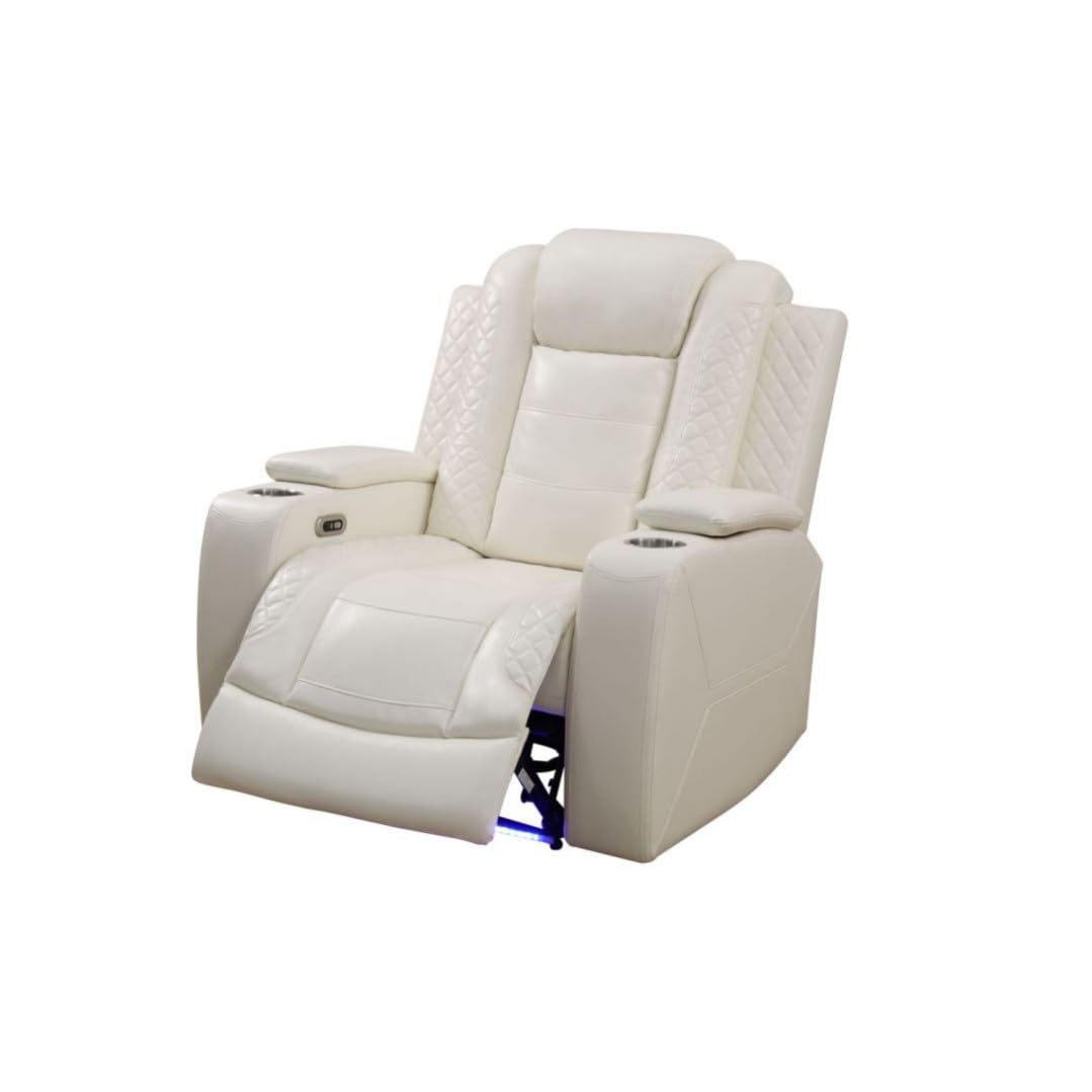 UOCFYK Electric Power Recliner Chair Living Room Furniture, Comfy Wide Lazy Home Theater Breathing Leather Seating with USB 2.0 Charging Ports, LED Light Strips (White-2)