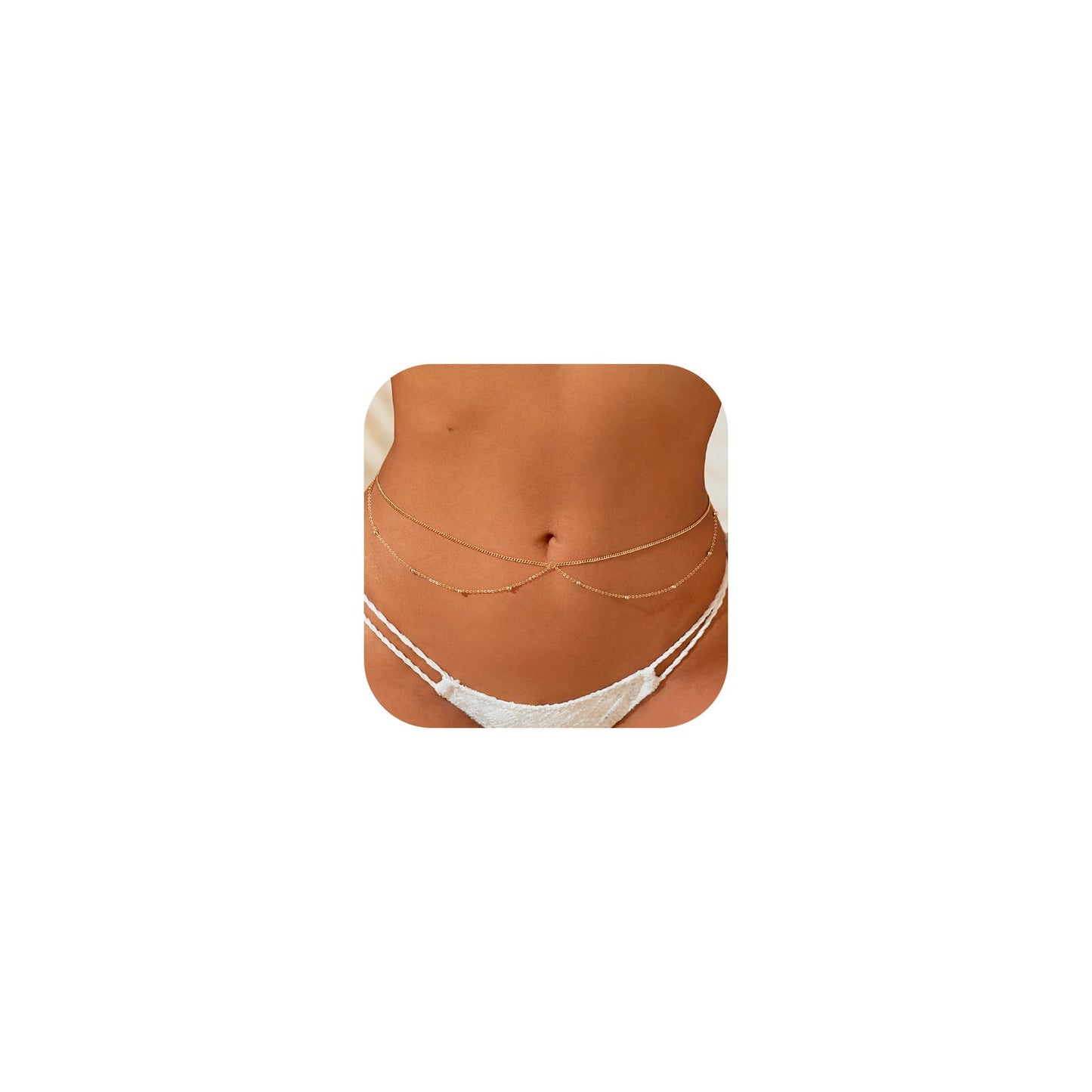 MOODEAR 14K Gold Plated Waist Chain for Women – Double Layered Belly Bead Body Chain Belt, Cuban Spacer Beads Design, Waterproof Summer Beach Jewelry for Bikini, Dress & Vacation
