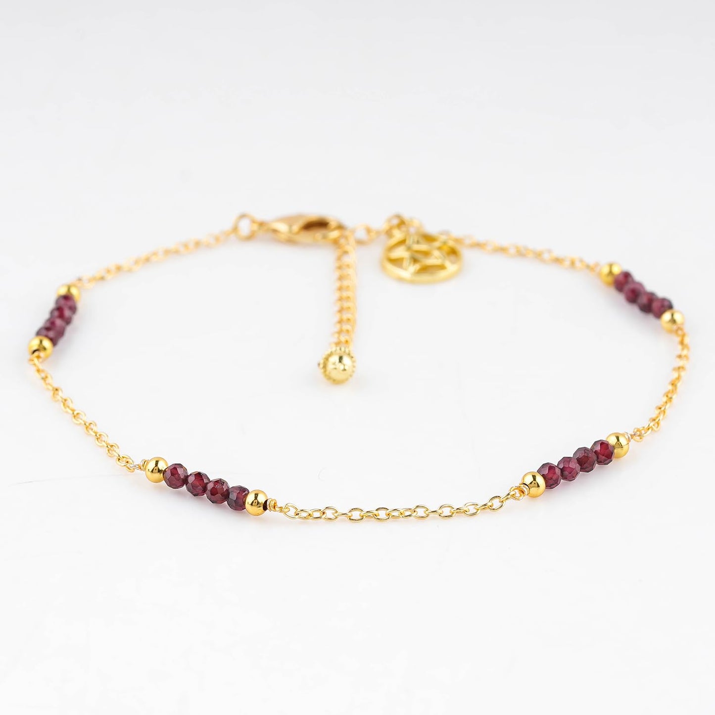 CRYSTALINES Natural Garnet Gemstone Beads, Handmade Station Dangle Star Charms Anklet, 14K Gold Plated, Adjustable Fashion Boho Jewelry for Women, Healing Crystals, Christmas Gift