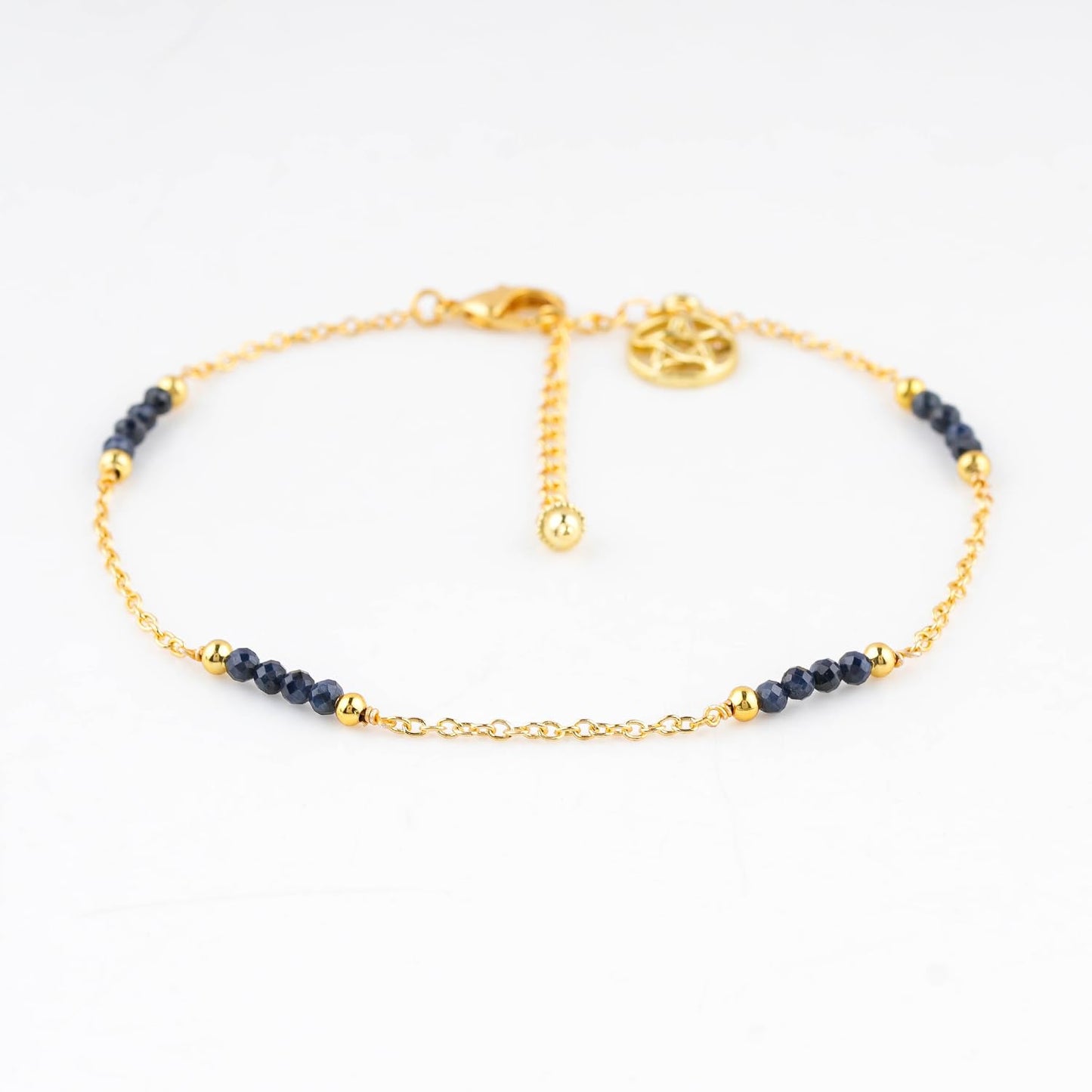 CRYSTALINES Natural Blue Sapphire Gemstone Beads, Handmade Station Dangle Star Charms Anklet, 14K Gold Plated, Adjustable Fashion Boho Jewelry for Women, Healing Crystals, Christmas Gift