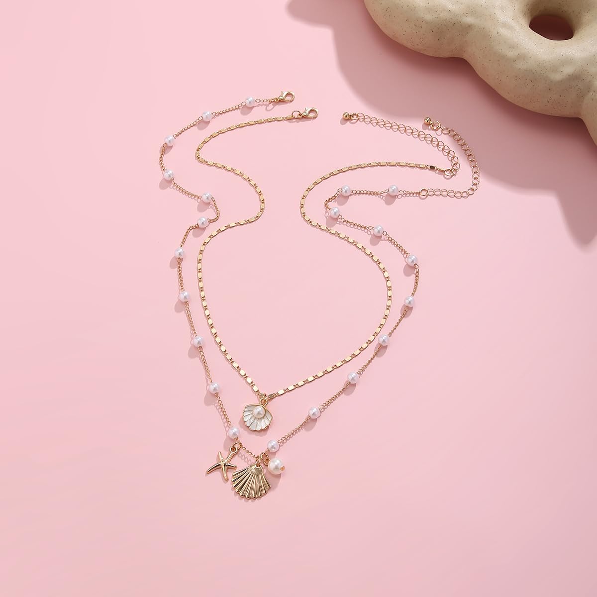 Layered Starfish Necklace Beach Jewelry for Women Seashell Cowrie Puka Shell Necklaces for Women Beach Necklace Turtle Beaded Choker Necklaces Ocean Jewelry (5 - Layered (white))