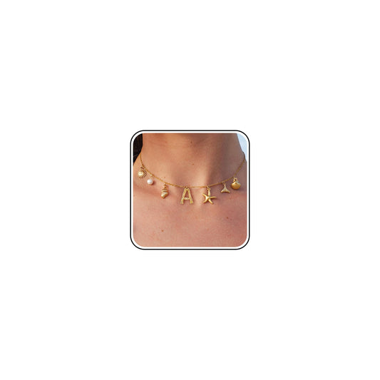 SLOONG Initial Charm Necklace 14K Gold Plated Letter Neckalce Freshwater Pearl Necklace Choker Boho Summer Seashell Beach Starfish Surfer Jewelry Gifts for Women A