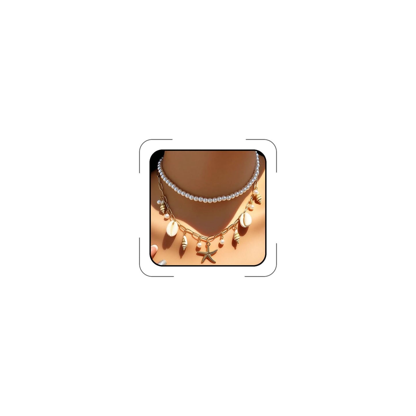 ANGLEQUEEN Gold Starfish Mermaid Necklaces Layered Pearl Starfish Shell Necklaces for Women Gold Pearl Choker Necklace Hawaiian Beach Surf Jewelry, Mermaid Costume Accessories C