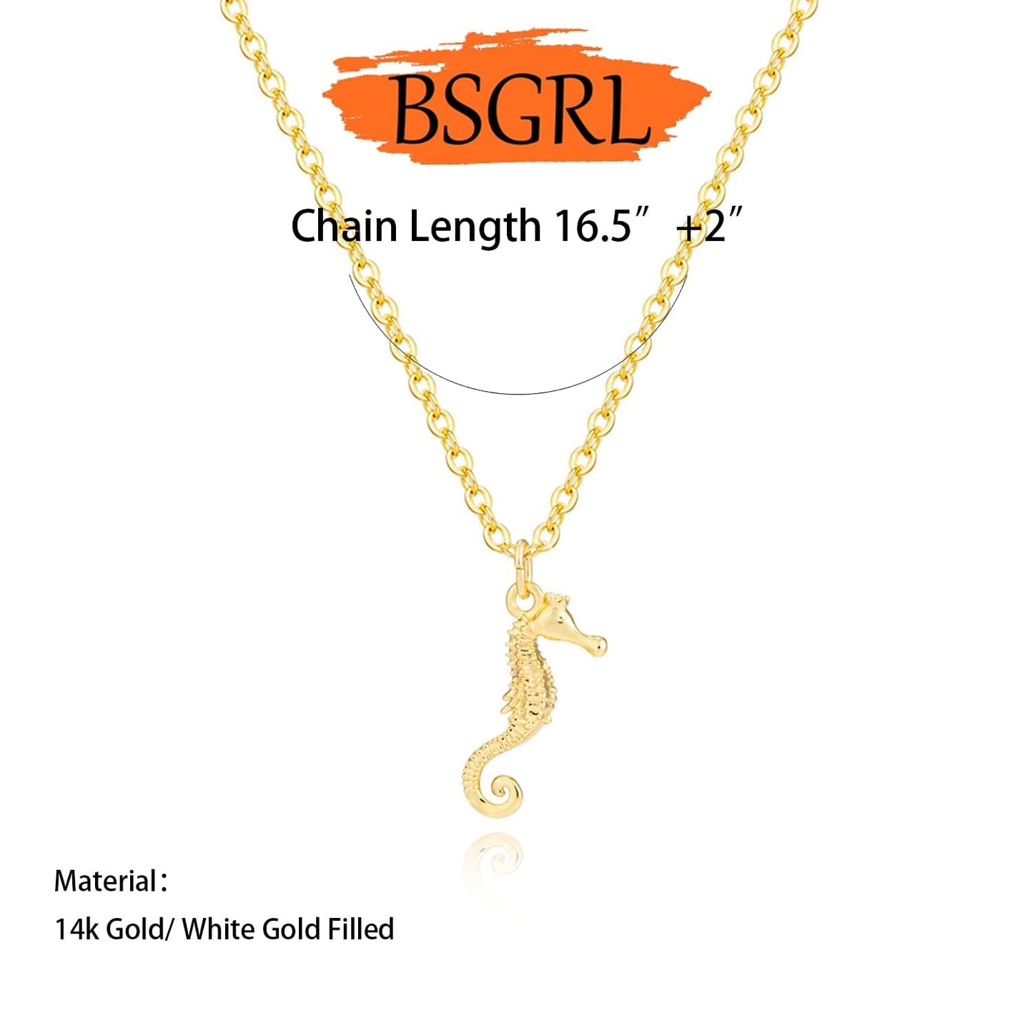 BSGRL Dainty Gold Necklace: 14K Gold Plated Seahorse Sea Beach Necklace for Women 16.5"+2"