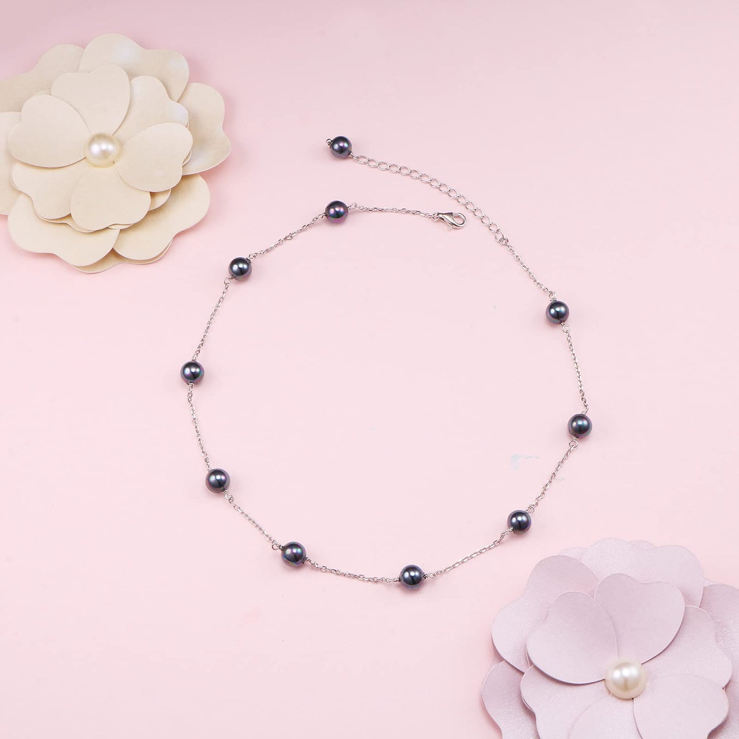 S925 Sterling Silver Black Pearl Bead Choker Short Dainty Necklace Pendant for Women Jewelry Gift