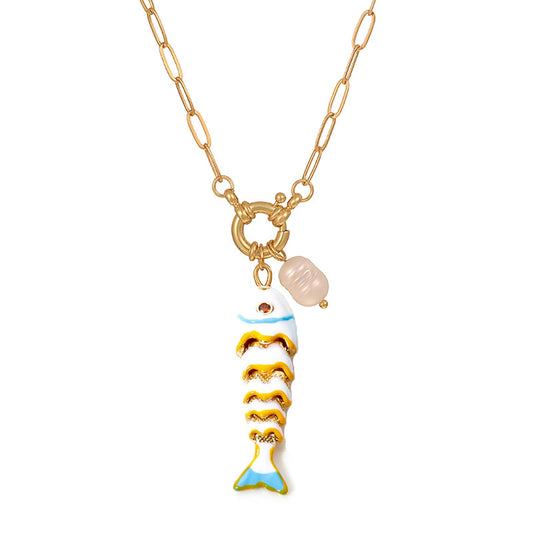 Color Enamel Boho Fish Necklace for Women, Dainty Gold Paper Clip Chain Cute Colorful Lucky Fish Pearl Pendant Safety Pin Necklaces Beach Hawaiian Summer Ocean Minimalist Jewelry Gift for Her (White)