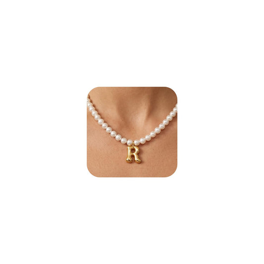 DoDoBeads Pearl Initial Necklace, 18K Gold Plated Stainless Steel Balloon Letter Pendant R, Non-Tarnish Waterproof Chunky Monogram Jewelry Gifts for Women Teens