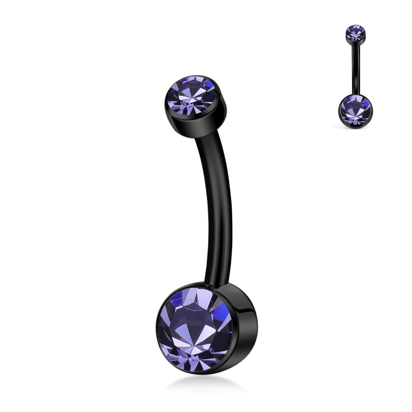 XUU Titanium Belly Button Rings, Black & Silver – 14G Internally Threaded Navel Piercing Jewelry, 10mm & 12mm Curved Barbells with 7 Colors Gems – Hypoallergenic (Black-Violet cz, 10MM)