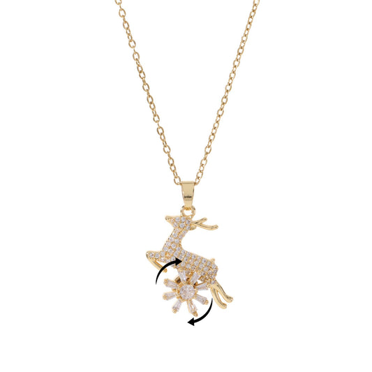 KONPJE Sunflower Fidget Necklace for Women Gold Moon Necklace Rotating Heart Necklaces Spinning Crystal Flower Anxiety Necklaces Crescent Moons Jewelry Accessories (Gold Deer)