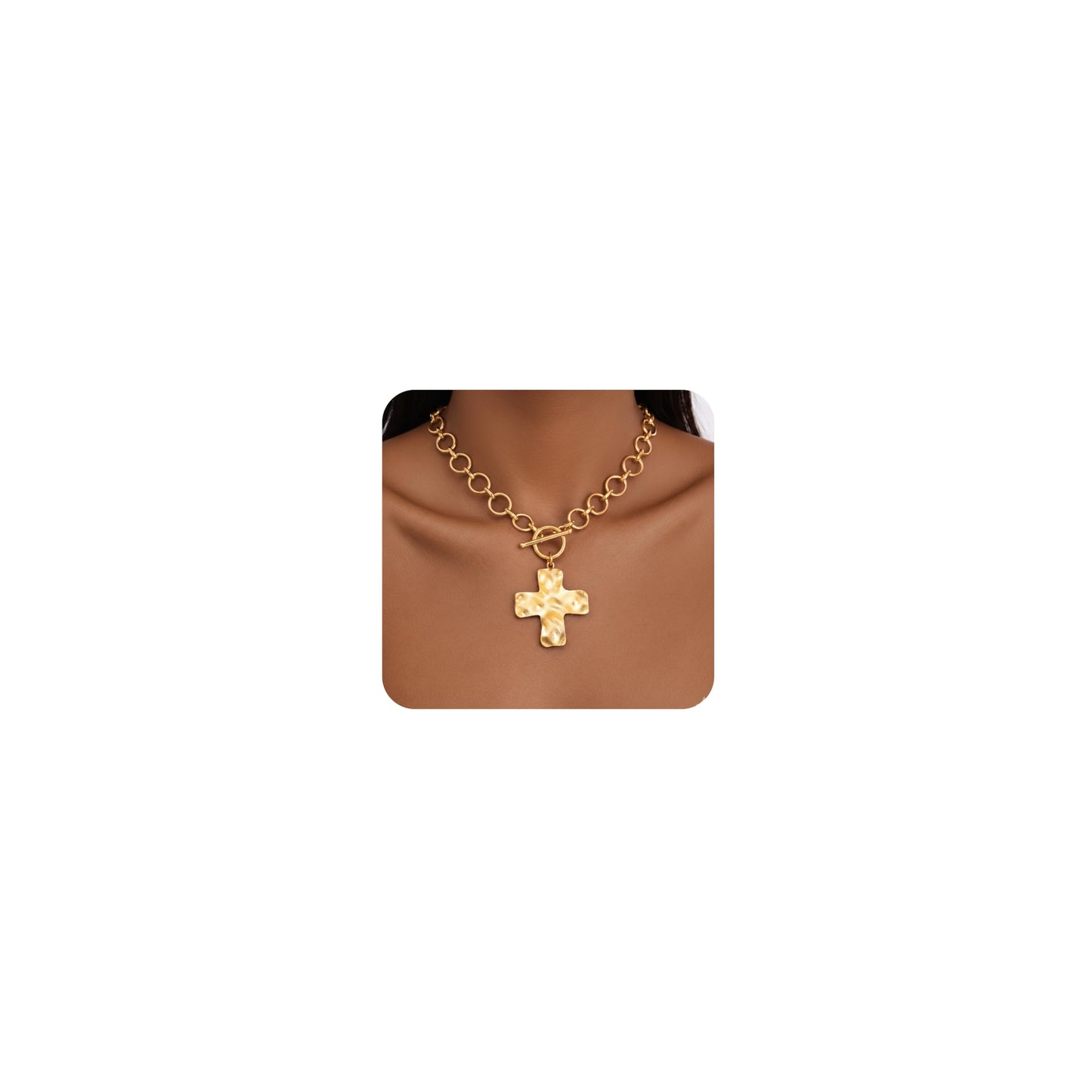 FAXHION Chunky Cross Necklace for Women, Gold Toggle Chain Statement Necklace with Hammered Cross Pendant, Vintage Chunky Necklace Jewelry Gift for Women