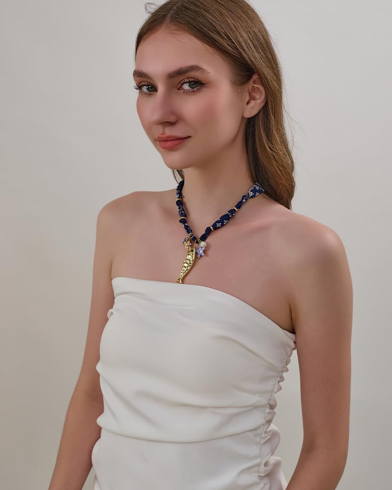 MYCUTEY Blue Scarf Necklace For Women with Gold Fish Conch Shell Starfish and Pearl Charms Summer Statement Necklace Boho Beach Jewelry Gifts