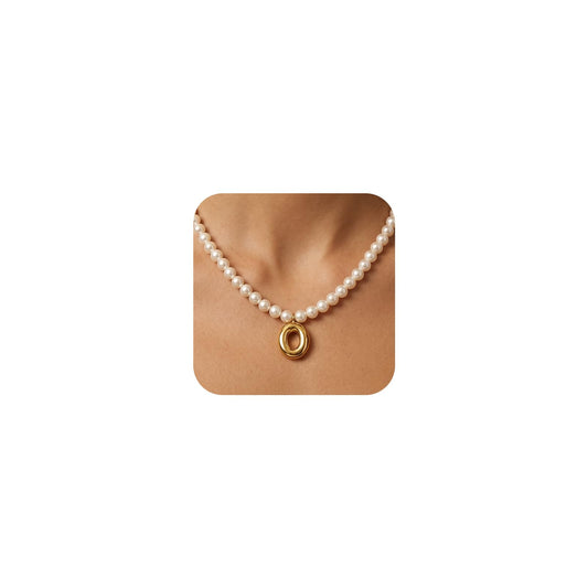 DoDoBeads Pearl Initial Necklace, 18K Gold Plated Stainless Steel Balloon Letter Pendant O, Non-Tarnish Waterproof Chunky Monogram Jewelry Gifts for Women Teens