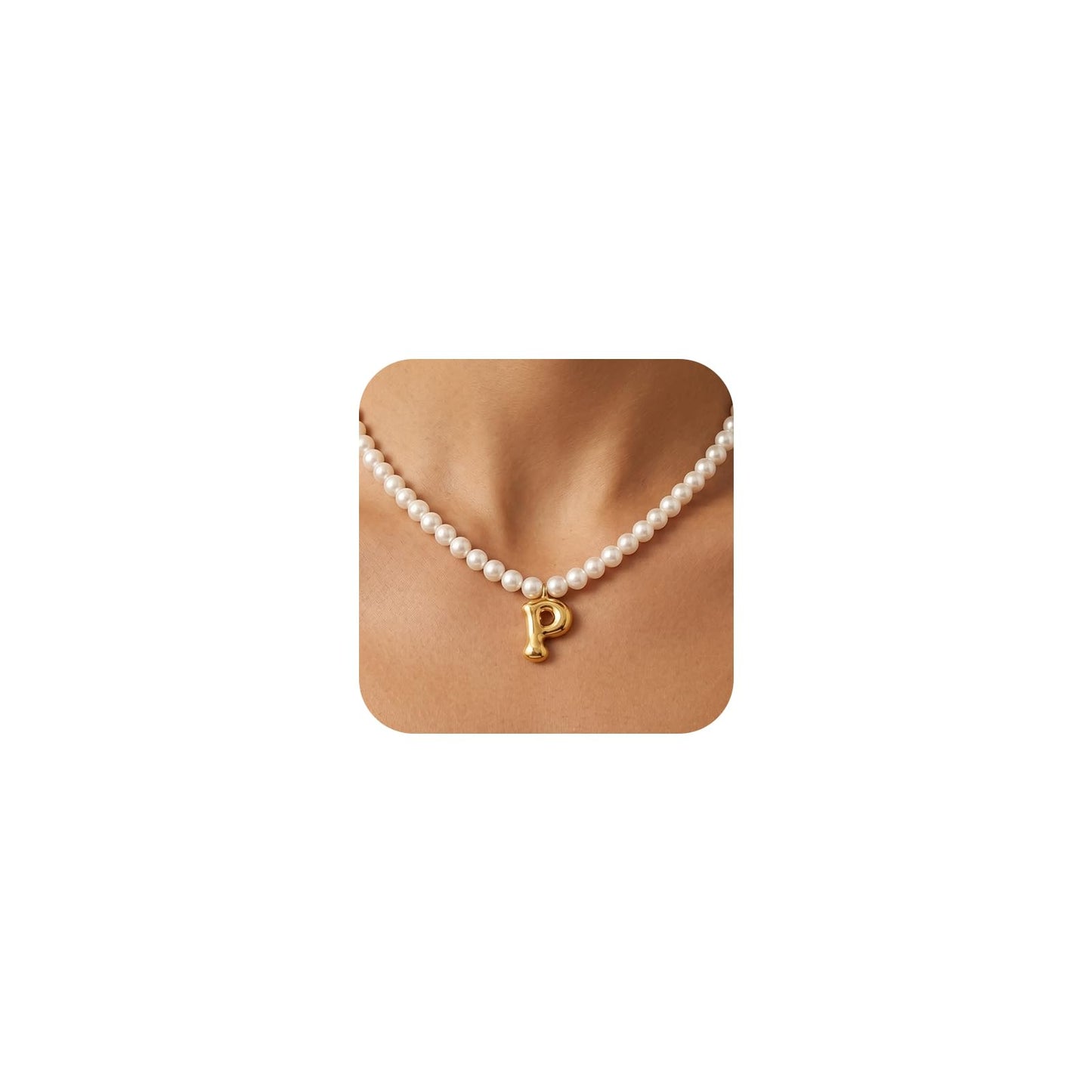 DoDoBeads Pearl Initial Necklace, 18K Gold Plated Stainless Steel Balloon Letter Pendant P, Non-Tarnish Waterproof Chunky Monogram Jewelry Gifts for Women Teens