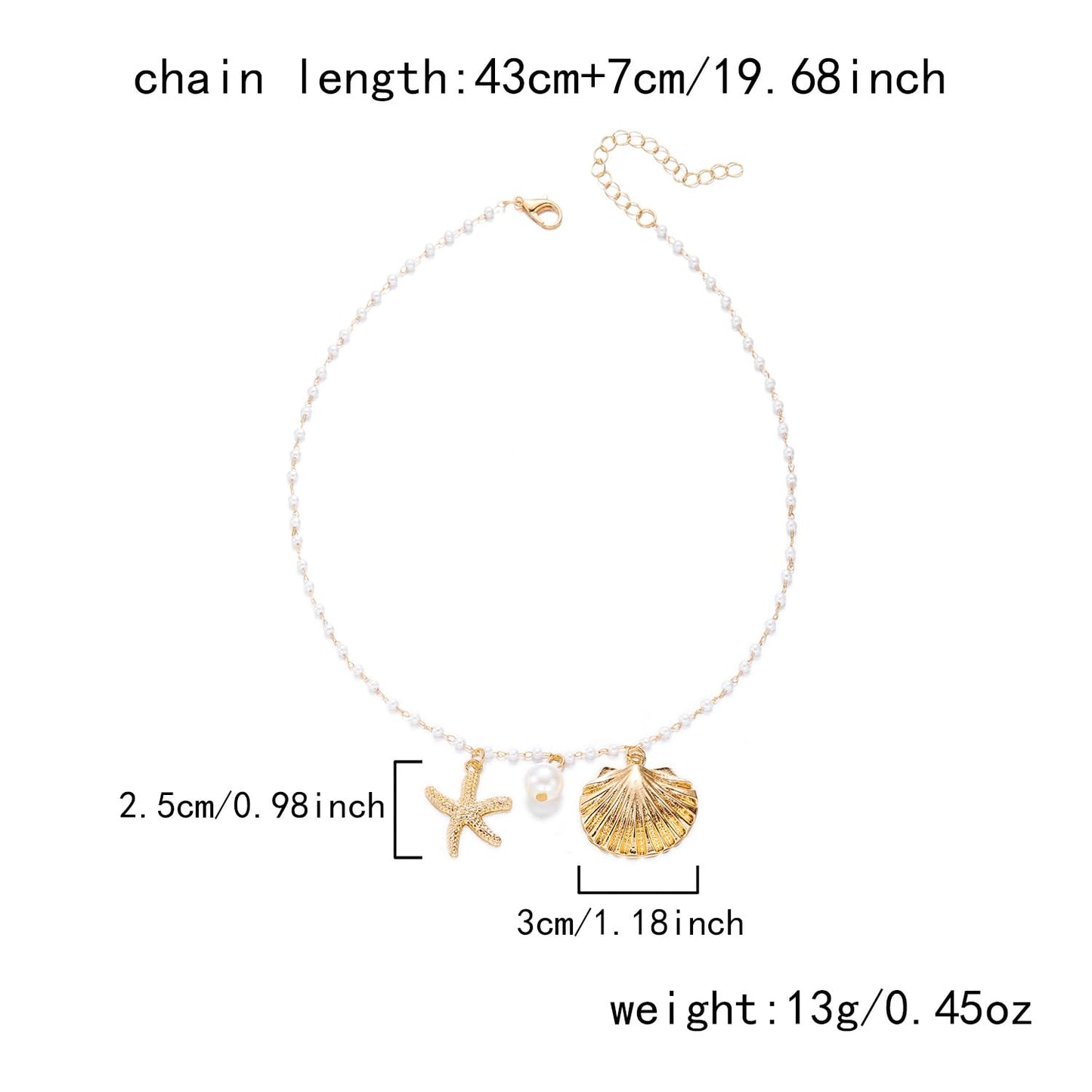 Shell Starfish Necklace for Women Gold Plated Pendant Pearl Necklace Boho Beaded Dainty Adjustable Necklaces Shell Conch Summer Beach Cuff Jewelry Accessories