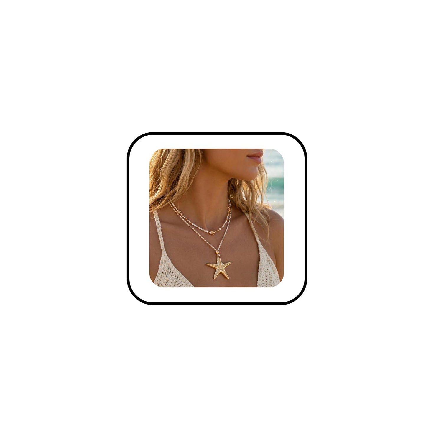 Systechy Boho Layered Starfish Necklace for Women Large Starfish Beaded Necklace Exaggerated Sea Star Adjustable Pendant Necklaces Fashion Summer Beach Holiday Party Jewelry Present (White)