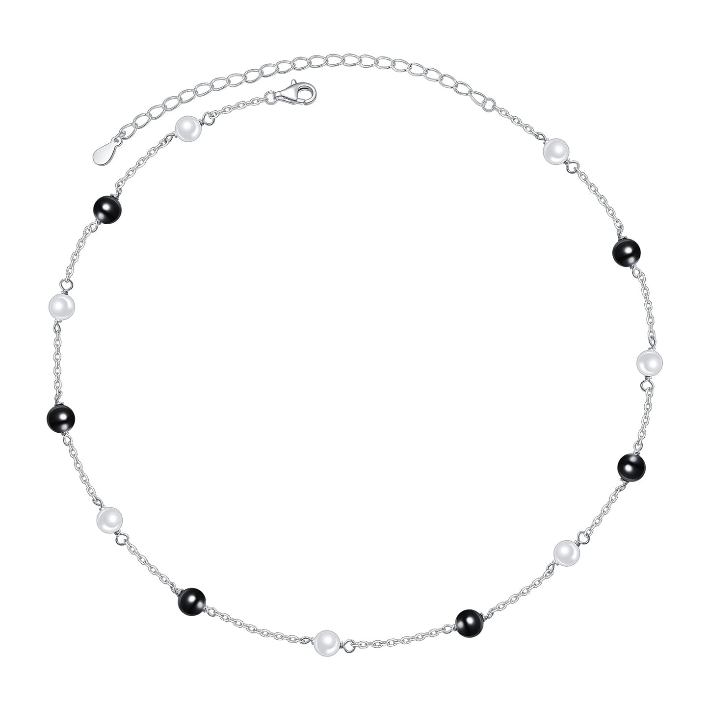 S925 Sterling Silver Choker Short Dainty Necklace Pendant for Women Jewelry Gift (Pearl Black White)