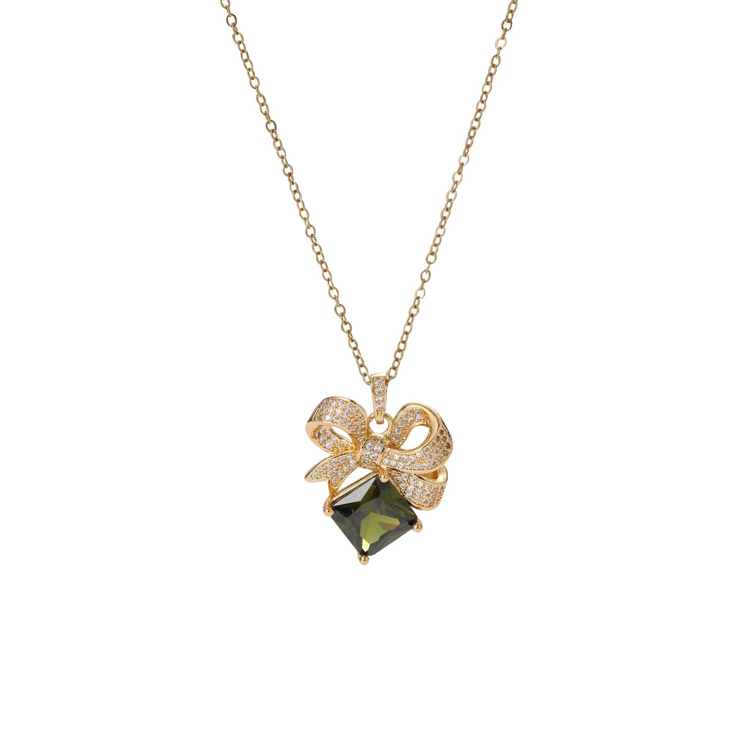 Green Square August Birthstone Peridot Bow Necklace for Women-Gold Plated Healing Crystal Imitation Peridot Pendant Waterproof Non Tarnish Vintage Necklace For Birthday Valentines Day Mother's Day Christmas Thanksgiving Gifts