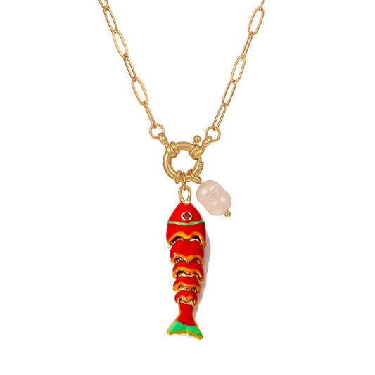 Color Enamel Boho Fish Necklace for Women, Dainty Gold Paper Clip Chain Cute Colorful Lucky Fish Pearl Pendant Safety Pin Necklaces Beach Hawaiian Summer Ocean Minimalist Jewelry Gift for Her (Red)