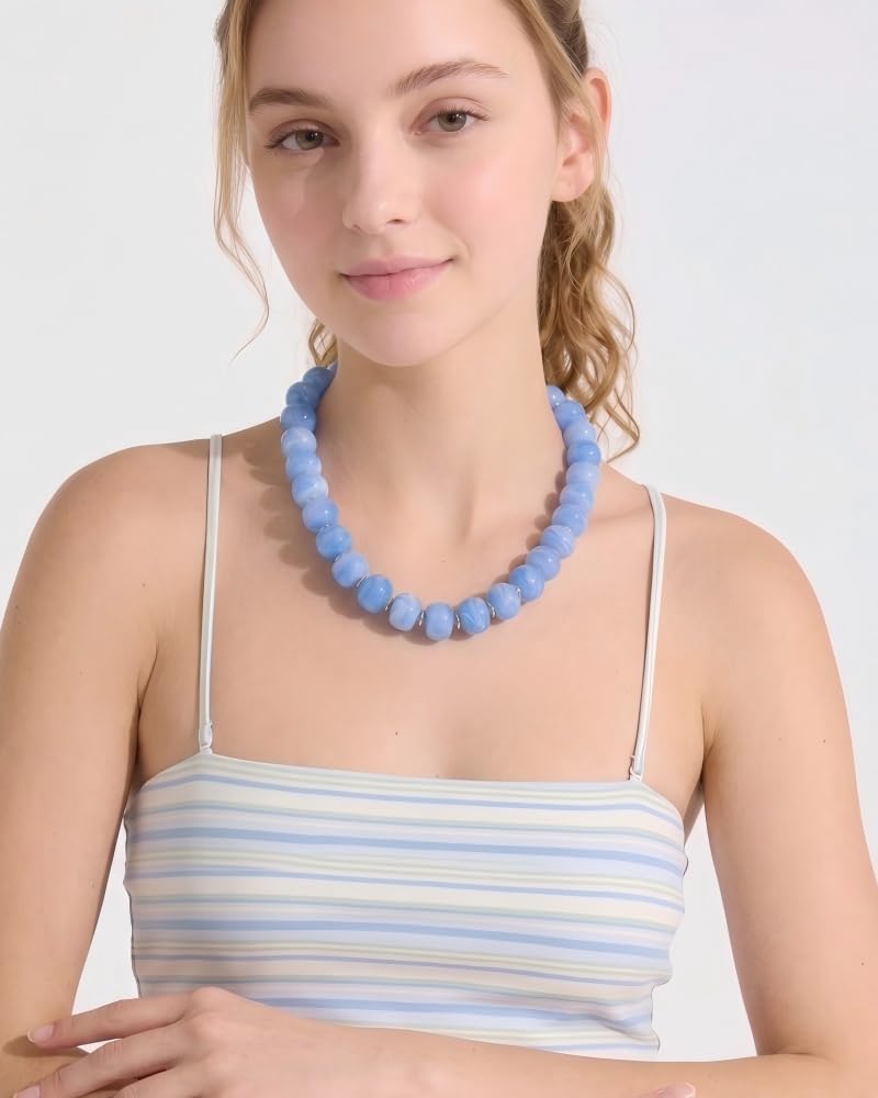 FAUTHENTICUTE Light Blue Beaded Choker Necklace for Women Boho Statement Necklace with Beads Trendy Beach Summer Jewelry Western Dainty Bead Necklaces Womens Everyday Necklaces