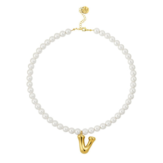 DoDoBeads Pearl Initial Necklace, 18K Gold Plated Stainless Steel Balloon Letter Pendant V, Non-Tarnish Waterproof Chunky Monogram Jewelry Gifts for Women Teens