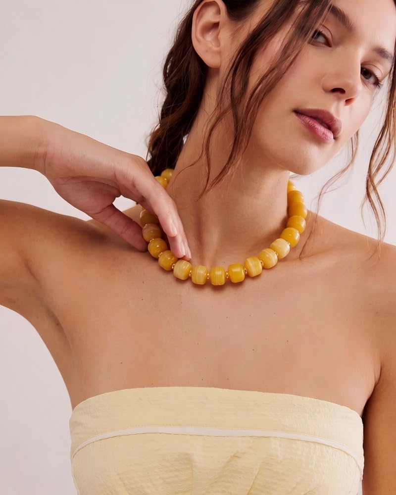 FAUTHENTICUTE Yellow Beaded Choker Necklace for Women Boho Chunky Statement Necklaces Trendy Yellow Bead Beach Necklaces Summer Western Jewelry Everyday Necklace Gift for Women
