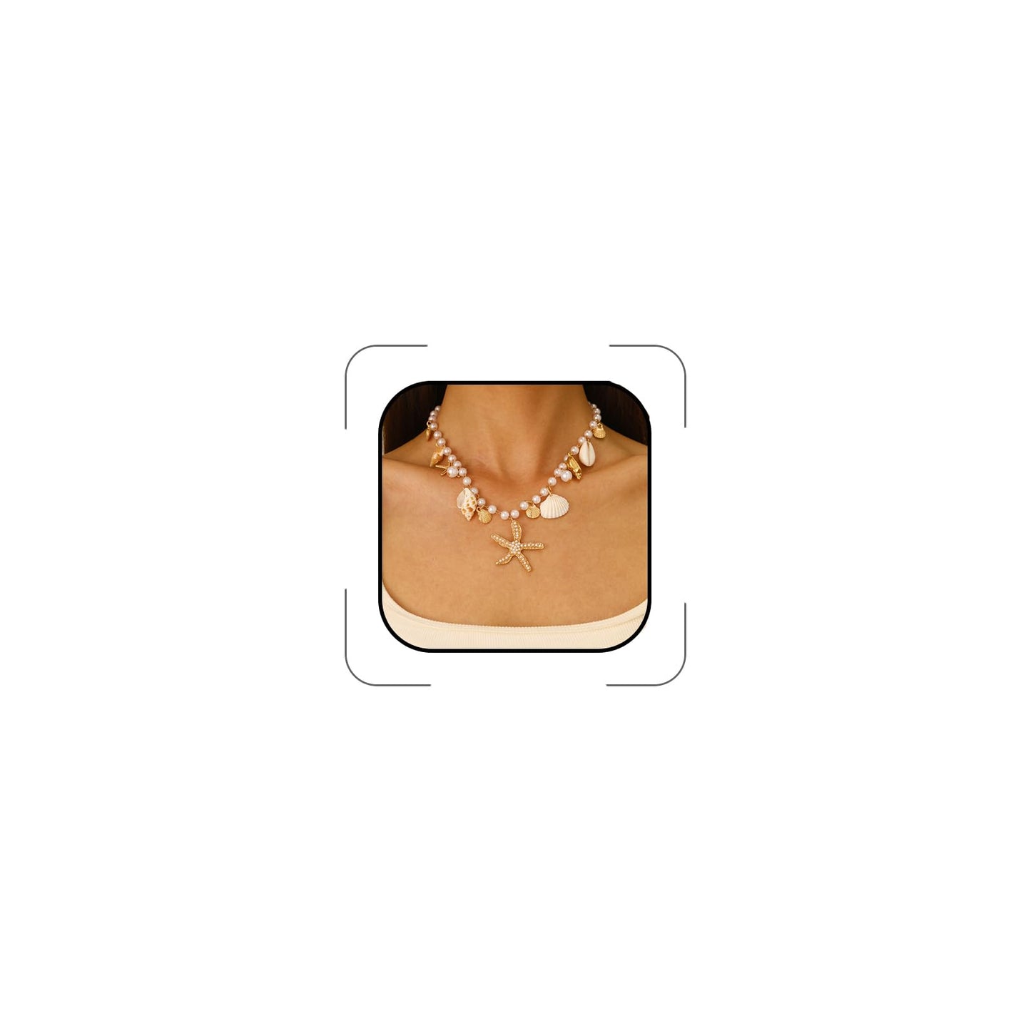 Gold Starfish Seashell Pearl Necklace for Women Gold Pearl Beaded Choker Necklace Summer Boho Starfish Seashell Charm Pendant Necklaces Beach Mermaid Jewelry Accessories