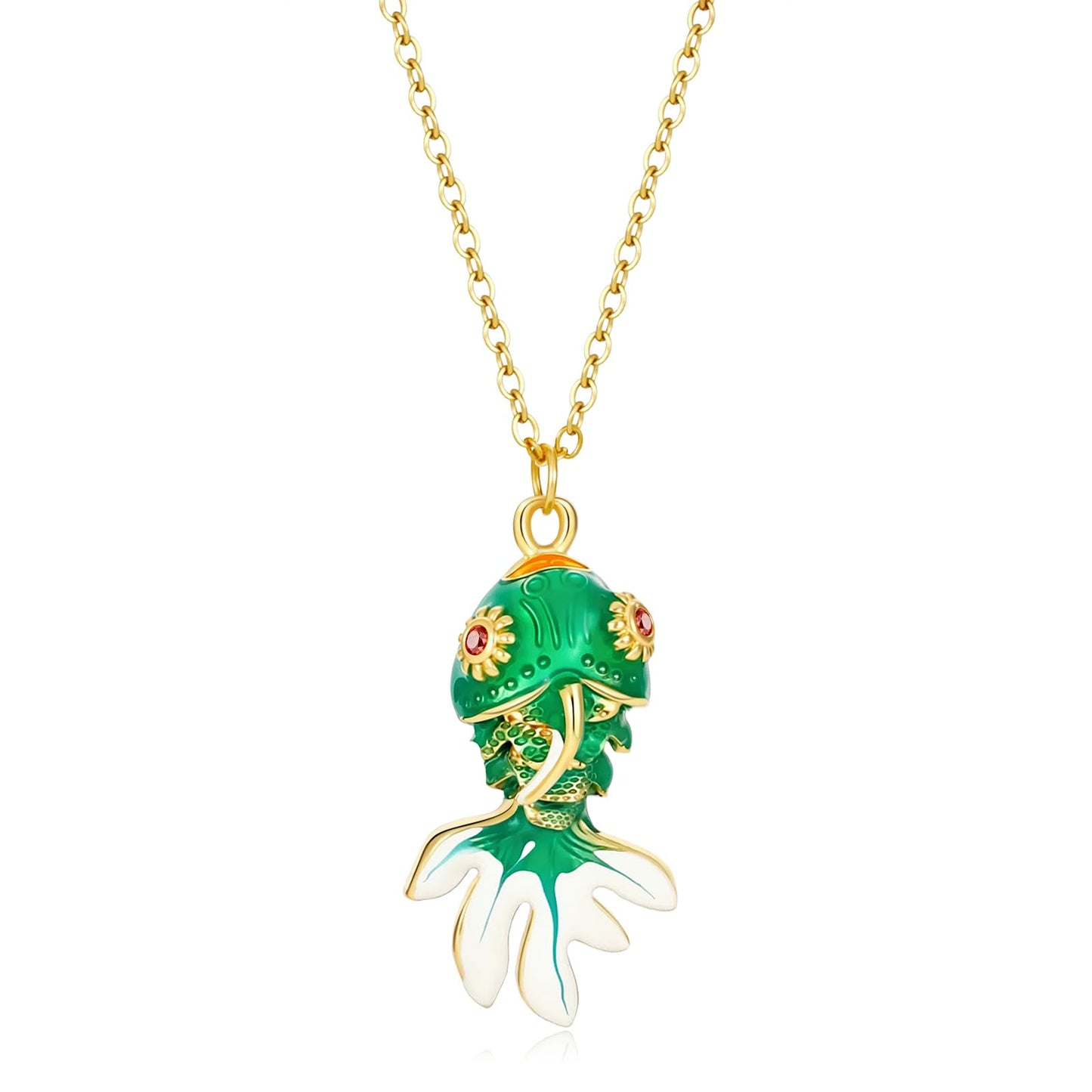 AUMRET Vintage Green Enamel Gold Fish Necklace For Women-Gold Plated Koi Fish Necklace With Ruby Eyes For Birthday Valentines Day Mother's Day Christmas Gifts