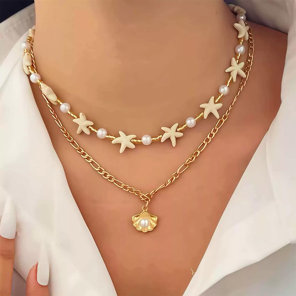 Dainty Starfish Pearl Beaded Choker Necklace, Layered Sea Shell Pearls Pendant Star Beads Necklaces for Women Chic Sweet Beach Coastal Party Jewelry Gift (Gold 2)