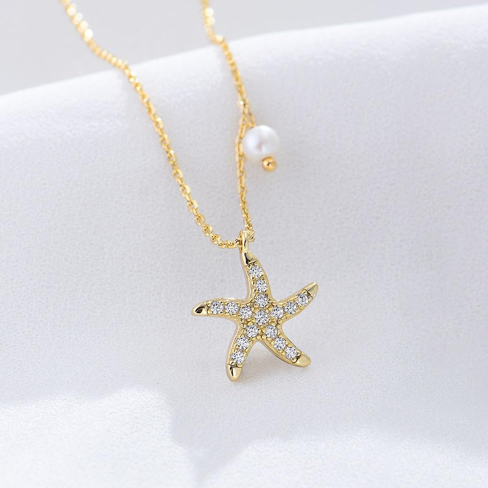 S925 Sterling Silver Starfish Necklace with Fresh Water Pearl, Sparkling Pave Zirconia Sea Star Pendant, Dainty 14K Gold Plated Asymmetric Choker, Ocean Beach Inspired Jewelry Gift for Women (sliver)